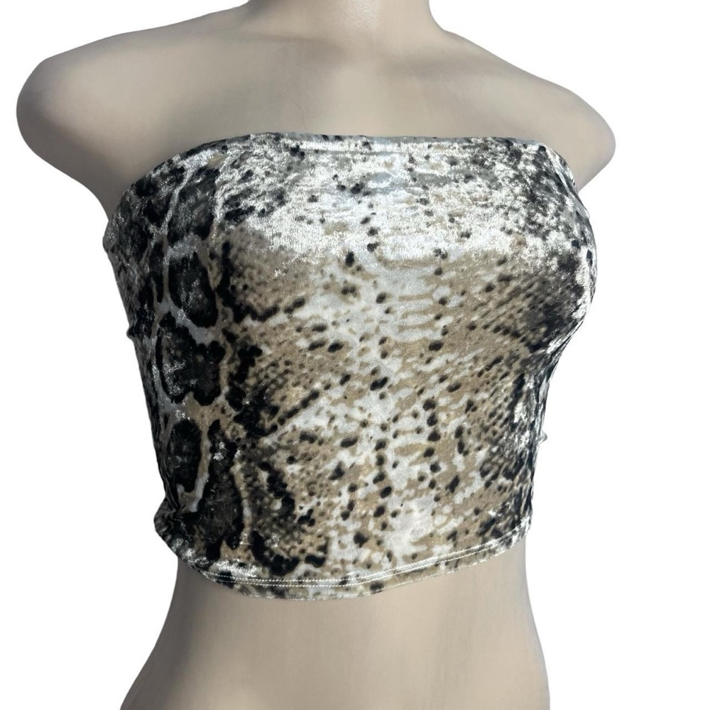 Snake Print Strapless Crop Top in Beige and Black